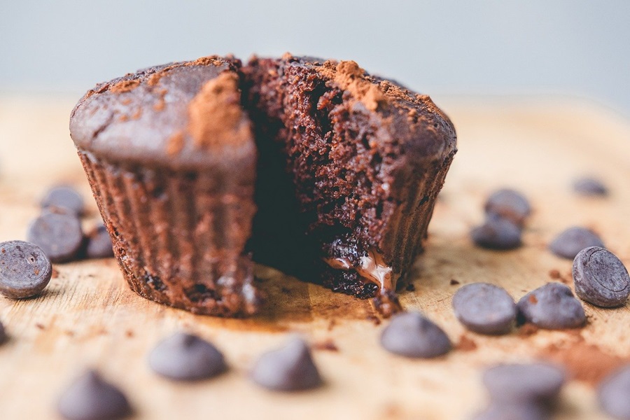LIIFT4 Meal Plan D Recipes Close Up of a Chocolate Muffin with Dark Chocolate Chips Around It