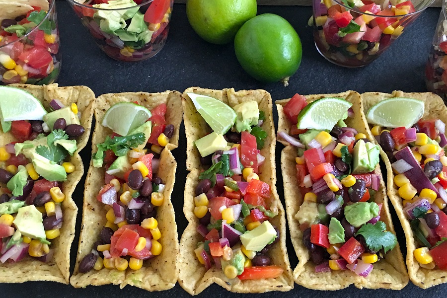 Black Bean Salsa with Avocado Recipe Overhead View of Black Bean Salsa in Taco Flats