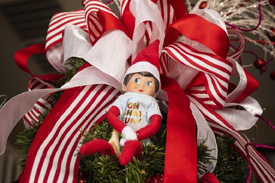 Introduction Letter Printable Close Up of an Elf in a Tree with Red and White Ribbon Behind Him