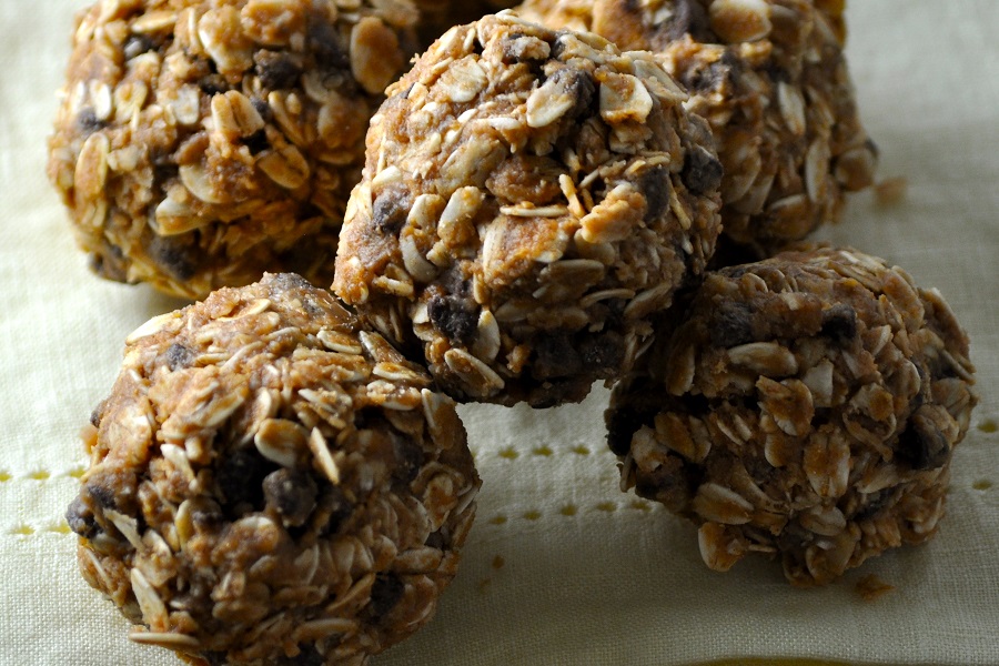 Peanut Butter Oatmeal Balls Close Up of Protein Balls on a Small Tea Towel