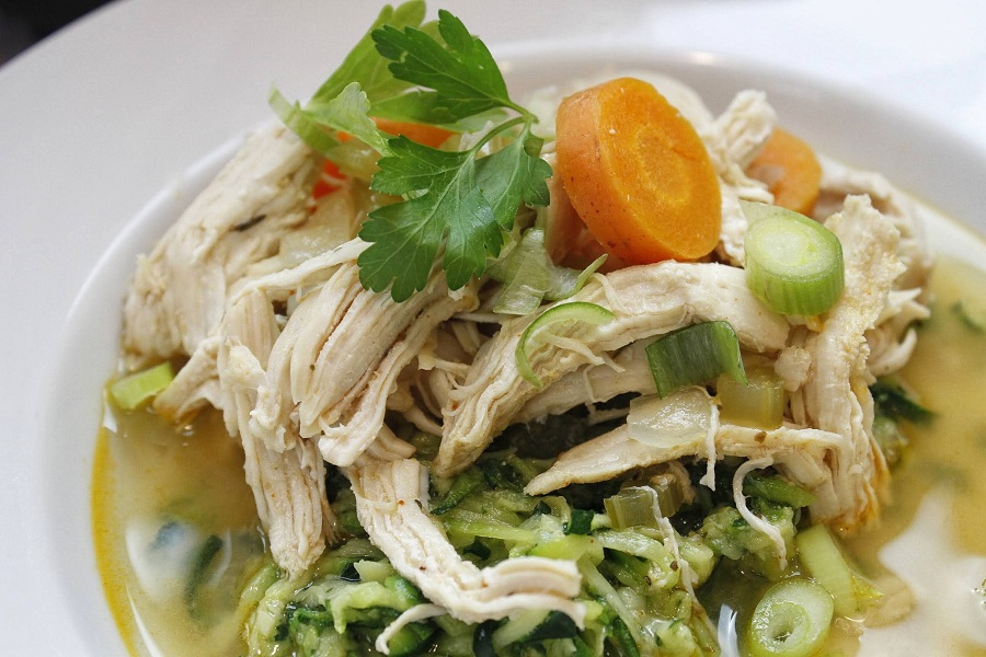 Crockpot Keto Chicken Recipes Close Up of a Bowl of Chicken and Veggie Soup